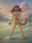 anthro black_nose brown_body brown_fur brown_hair brown_tail clothing cloud digitigrade female flat_chested fur hair jumpsuit outside solo yellow_clothing clovercorvus florence_ambrose bowman's_wolf canid canine canis mammal red_wolf wolf hi_res