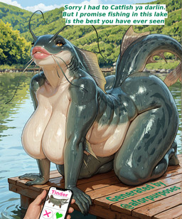 anthro breasts dock female gills lips nude phone solo tail tinder water wet aforpurposes catfish fish marine hi_res
