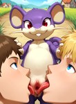 blonde_hair brown_hair buckteeth claws dominant dominant_female female feral genitals grass group hair licking male male/female oral plant plump_labia pussy red_eyes size_difference spread_pussy spreading teeth tongue tongue_out trio village lewt nintendo pokemon generation_1_pokemon human mammal pokemon_(species) rattata hi_res