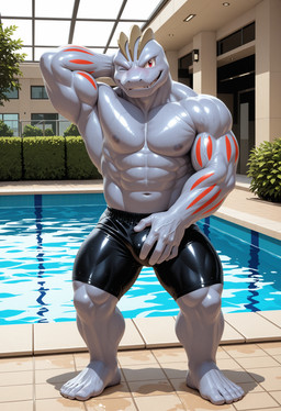 5_toes clothing digitaljackal door feet grin hand_behind_head hand_on_crotch humanoid_feet indoor_pool looking_at_viewer male muscular navel nipples plant shrub smile solo swimming_trunks swimwear toes tree veiny_arms wet wet_body window winking nintendo pokemon generation_1_pokemon humanoid machoke pokemon_(species) absurd_res hi_res