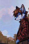 anthro bottomwear brown_hair clothing forest hair jacket leaning male pants plant smile solo topwear tree renz rennii_(renz) canid canine fox mammal absurd_res hi_res