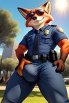 absurd_res anthro ascar big_bulge bulge canid canine clothing eyewear fox hi_res looking_at_viewer looking_down male mammal necktie nick_wilde outside police_uniform smile solo sunglasses uniform zootopia