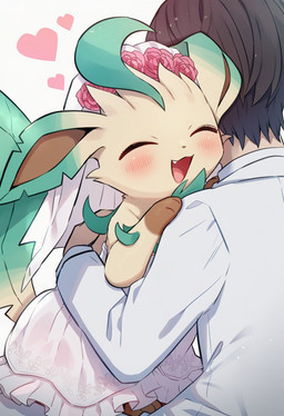 <3 blush blush_lines brown_hair clothing dress duo embrace eyes_closed fangs female feral flower fur hair happy hug male open_mouth paws plant simple_background tail tan_body tan_fur teeth tongue wedding wedding_dress kaigamiaikemono nintendo pokemon eeveelution generation_4_pokemon human leafeon mammal pokemon_(species) 2025 hi_res