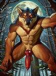 abs animal_genitalia animal_penis anthro balls biceps big_penis black_nose bodily_fluids brown_body brown_fur canine_genitalia canine_penis claws detailed_background dripping erection finger_claws forest full_moon fur genital_fluids genitals glistening glistening_genitalia glistening_penis glowing glowing_eyes knot leaking_precum light looking_at_viewer looking_down_at_viewer low-angle_view male moon moonlight multicolored_body multicolored_fur muscular muscular_anthro muscular_male nature nature_background navel neck_tuft night nude nude_male orange_eyes outdoor_nudity outside pecs penis plant precum precum_drip presenting presenting_penis red_penis sheath sky smile solo spread_legs spreading standing star tan_body tan_fur teeth tree tuft vein veiny_penis whiskers yellow_eyes anonymous_director canid canine canis mammal were werecanid werecanine werewolf wolf