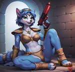 anthro armor breasts cameltoe female front_view gun handgun happy jewelry looking_at_viewer medium_breasts necklace pistol ranged_weapon simple_background sitting_on_ground solo starfox weapon ilovekrystal krystal canid canine fox mammal hi_res