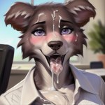 anthro black_nose blurred_background blush bodily_fluids canid canine canis chest_tuft clothing cum cum_in_mouth cum_inside cum_on_face dress ear_tuft female feralfresh fur genital_fluids grey_body grey_fur headshot_portrait hi_res juno_(beastars) mammal office open_mouth portrait purple_eyes solo solo_focus tan_body tan_fur teeth tongue tongue_out tuft wolf