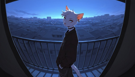 androgynous anthro black_clothing blue_eyes blue_sky chain choker city city_background clothing ear_piercing ear_ring expressionless eyeliner fisheye_lens fur hand_in_pocket head_tuft jewelry looking_at_viewer makeup male morning necklace piercing pink_ears pockets ring_piercing side_view sky solo sweatshirt tired tuft white_body white_fur wristband shotgun_(director) domestic_cat felid feline felis mammal hi_res