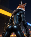 anthro butt canid canine clothing fox gloves handwear hi_res latex_clothing latex_gloves male mammal seductive solo tease