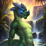 2023 abs anthro black_pupils blue_eyes blue_horn blue_sclera clothed clothing colored dinosaur green_body green_scales horn jasonafex looking_at_viewer male muscular muscular_anthro muscular_male nipples outside pupils reptile scales scalie seductive smile solo topless topless_male vergence waterfall