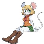 alternate_species anthro blonde_hair boots breasts clothing female footwear fur furrification hair looking_at_viewer simple_background sitting solo white_body white_fur anonymous_director resident_evil ashley_graham_(resident_evil) moushley mammal mouse murid murine rodent hi_res