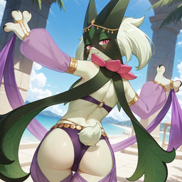 Rating: q
ID: 122365
Date: 2025-08-18 15:29:33 -0400
Status: active
Score: 72
1:1 3_fingers anthro armwear beach_background belly_dancer blush bodily_fluids bra butt clothing female fingers fur generation_9_pokemon green_body green_fur green_hair hair headgear headwear hi_res jewelry looking_back meowscarada nintendo panties pink_eyes pixvul pokemon pokemon_(species) raised_arms rear_view ring solo sweat underwear post #122365