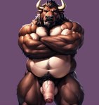 anthro balls bison body_hair bovid bovine claws crossed_arms foreskin genitals half-erect male mammal musclegut muscular muscular_male nipples penis purple_background red_eyes serious_face simple_background simplyai solo thick_penis vein veiny_arm veiny_penis