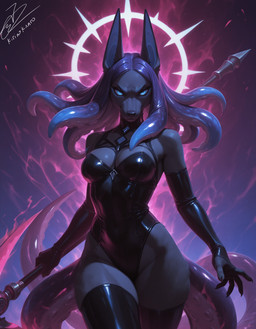 anthro armwear blue_eyes breasts clothed clothing elbow_gloves female gloves glowing hair handwear holding_object holding_weapon latex latex_gloves legwear looking_at_viewer melee_weapon polearm pseudo_hair solo tentacles thigh_highs weapon kirinokanro luxur_(kirinokanro) canid canine canis cephalopod coleoid hybrid jackal mammal marine mollusk octopodiform octopus hi_res