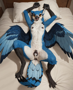 after_sex animal_genitalia animal_pussy anthro anus beak bed biped black_anus black_beak black_nipples black_pussy blue_body blue_feathers bodily_fluids breasts canine_genitalia canine_pussy claws cum cum_from_pussy cum_in_pussy cum_inside cum_on_belly cum_on_body cum_on_chest eyelashes feathered_wings feathers feet female furniture genital_fluids genitals leaking_cum looking_at_viewer lying neck_tuft nipples on_back open_beak open_mouth orange_eyes pillow presenting presenting_pussy pussy realistic realistic_wings small_breasts solo spread_legs spread_wings spreading tail tail_feathers toes tongue tuft white_body white_feathers wings kodapanthera avian bird corvid jay_(bird) oscine passerine absurd_res hi_res ponyrealism_(model)