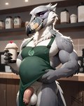 anthro apron apron_only balls bar barista beak belly beverage clothed clothing clothing_lift coffee coffee_shop container cup detailed_background feather_tuft feathers flaccid foreskin genitals grey_body grey_feathers holding_cup holding_object humanoid_genitalia humanoid_penis inside looking_at_viewer male mostly_nude musclegut muscular muscular_anthro muscular_male no_underwear nude pecs penis pink_eyes presenting presenting_penis provocative public public_nudity smile solo standing tail_feathers tuft white_body notte avian bird pelecaniform shoebill absurd_res detailed hi_res shaded soft_shading watermark