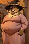 anthro black_clothing black_headwear brown_body brown_fur clothed clothing crossdressing detailed_background fur green_eyes hat headgear headwear inside looking_at_viewer male nightgown overweight overweight_anthro overweight_male pink_clothing solo solo_focus witch_hat mexlicano big_bad_wolf_(shrek) canid canine canis mammal wolf hi_res