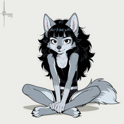 4_toes 5_fingers anthro arm_support bangs black_eyeliner black_eyes black_lips black_nose blunt_bangs bottomwear claws clothing collar countershading_fur feet female finger_claws fingerpads fingers fluffy fluffy_tail fur grey_body grey_fur hair lips looking_at_viewer pawpads prick_ears punk shadow shirt shorts simple_background sitting smile solo tail tank_top toe_claws toes tomboy topwear tuft numeradin canid canine canis mammal wolf hi_res
