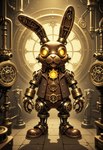 4_fingers anthro boots clothed clothing fingers footwear glowing glowing_eyes inside jacket machine male open_mouth solo standing steampunk tongue topwear vest yellow_eyes cow_of_fire lagomorph leporid mammal rabbit robot hi_res shaded