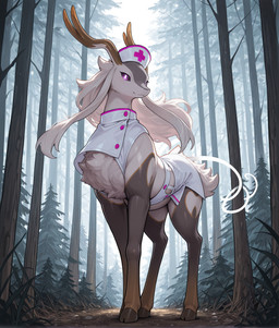 celesdir chest_tuft clothed clothed_female clothed_feral clothing female feral forest hat headgear headwear looking_at_viewer nurse_clothing nurse_hat nurse_headwear nurse_outfit nurse_uniform plant quadruped solo tree tuft uniform unknown_director palworld cervid mammal pal_(species) hi_res