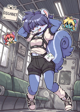 anthro blue_body blue_fur blush bottomwear clothing controller detailed_background female fluffy fluorescent_light footwear fur game_controller hair hair_over_eyes harness high_tech jumping lens_flare mouth_hold open_mouth outline puffy_sleeves purple_hair shoes shorts sign sneakers socks solo three-quarter_view holo_(director) sega mammal rodent sciurid absurd_res detailed full-length_portrait hi_res portrait