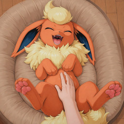ambiguous_gender belly_rub duo eyes_closed fangs feral first_person_view fur inner_ear_fluff inside laughing legs_up long_ears lying motion_lines neck_tuft on_back open_mouth orange_body orange_fur pawpads pet_bed pink_pawpads pov_hands solo_focus spread_legs spreading teeth tuft uvula wood_floor yellow_body yellow_fur tyto4tme4l nintendo pokemon eeveelution flareon generation_1_pokemon human mammal pokemon_(species) hi_res