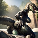 <naira2000> anthro anus bodily_fluids breasts crocodilian egg egg_laying female genital_fluids nipples non-mammal_breasts non-mammal_nipples oviposition pussy_juice reptile scalie solo