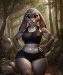 anthro black_clothing bottomwear bra clothing female fur grey_body grey_fur gym_bottomwear gym_clothing gym_shorts hi_res judy_hopps lagomorph leporid mammal outside purple_eyes rabbit shorts smile solo sports_bra traialas underwear zootopia