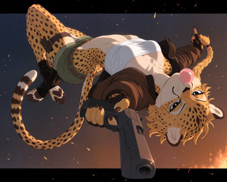 4_toes 5_fingers action_pose anthro athletic athletic_anthro athletic_female bandeau belt black_clothing black_eyes black_nose black_spots blonde_hair bottomwear braided_hair breasts brown_clothing brown_pawpads bubble_gum claws clothed clothed_anthro clothed_female clothing countershade_torso countershading crop_top digitigrade eyebrows eyelashes feet female female_anthro finger_claws fingerless_gloves fingers fire food footwear foreshortening frown fully_clothed fur furgonomic glint gloves green_bottomwear green_clothing green_shorts gun hair half-closed_eyes handgun handwear hindpaw holding_gun holding_handgun holding_object holding_ranged_weapon holding_weapon hotpants inner_ear_fluff jacket legwear looking_at_viewer lying markings midriff multicolored_body multicolored_fur multicolored_tail narrowed_eyes navel open_clothing open_jacket open_topwear pawpads paws pistol pose pupils ranged_weapon shirt shorts simple_background small_breasts smile socks soles solo spots spotted_body spotted_fur spotted_markings spotted_tail tail tail_markings toe_claws toeless_footwear toes topwear tuft upside_down weapon white_body white_clothing white_fur white_pupils yellow_body yellow_fur yellow_tail burioth cheetah felid feline mammal digital_media_(artwork) hi_res
