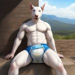 anthro bare_chest bodily_fluids bull_terrier canid canine canis clothed clothing diaper domestic_dog feces fur genital_fluids hunting_dog k9machina male mammal public public_exposure scat solo terrier urine watersports wearing_diaper white_body white_fur