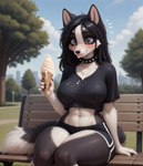 anthro big_breasts black_clothing blep blue_eyes bottomwear breasts clothing collar dessert female food gym_bottomwear gym_clothing gym_shorts ice_cream outside shorts sitting solo spiked_collar spikes tongue tongue_out topwear wide_hips traialas canid canine canis domestic_dog herding_dog mammal pastoral_dog hi_res