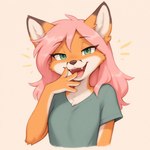 anthro breasts clothing female green_eyes hair laughing looking_at_viewer open_mouth pink_hair shirt small_breasts solo topwear verbotenvertex canid canine fox mammal red_fox absurd_res hi_res