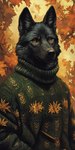 anthro autumn autumn_leaves black_body black_ears black_fur black_nose clothing fur male solo solo_focus sweater topwear yellow_eyes bahufaru thrash canid canine canis mammal wolf hi_res portrait