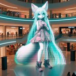 anthro blue_eyes blue_hair bottomwear clothed clothing dress female hair hologram kemono long_hair macro mall necktie photo skirt sleeveless solo solo_focus white_body arctic_fox canid canine fox mammal