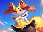 anthro blush braixen breasts canid canine closed_smile cloud cloudscape female fox generation_6_pokemon genitals hi_res looking_at_viewer low-angle_view mammal navel nipples nude outside pokemon_(species) pussy sky solo vince_ai