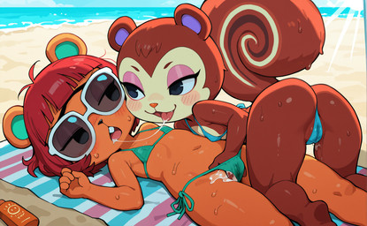 after_kiss anthro beach beach_towel beady_eyes big_tail bikini blue_bikini blue_clothing blue_eyes blue_swimwear bob_cut bodily_fluids breasts brown_body bucktooth butt camel_toe clothed clothing confident dominant dominant_female duo eyebrows eyewear female female/female fingering fingering_partner genital_fluids genital_outline genitals green_bikini green_clothing green_swimwear hair light looking_at_another looking_at_partner lying makeup micro_bikini on_back on_top orange_body pussy pussy_juice pussy_outline red_hair saliva saliva_on_tongue saliva_string sea seaside sex shy side-tie_bikini small_breasts submissive submissive_female sunglasses sunlight sunscreen sunscreen_on_body sweat swimwear tongue tongue_out towel unibrow vaginal vaginal_fingering water mirakelpung animal_crossing nintendo hazel_(animal_crossing) pecan_(animal_crossing) mammal rodent sciurid tree_squirrel absurd_res hi_res