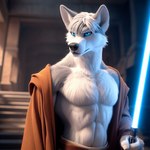 anthro canid canine canis fur humanoid jedi lightsaber male mammal melee_weapon muscular solo temple weapon white_body white_fur wolf