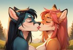 anthro black_hair blue_body blush duo female female/female fur hair kissing red_body red_fur red_hair dux38 canid canine fox humanoid mammal