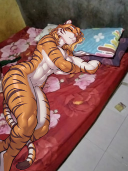 anthro blonde_hair bodily_fluids covering covering_breasts drooling eyes_closed fangs female fur fur_tuft hair large_breasts nude nude_female orange_body orange_fur saliva sleeping solo teeth tuft ahogagu felid mammal pantherine tiger hi_res mixed_media