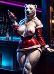 anthro bar breasts christmas_clothing clothed clothing coca-cola cyberpunk female fur genitals hi_res looking_at_viewer mammal marcus64 nipples partially_clothed pink_nipples pink_pussy polar_bear pussy red_clothing solo standing ursid ursine white_body white_fur