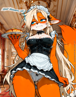 anthro apron areola areola_slip blonde_hair blue_eyes blush bodily_fluids camel_toe choker clothing corset covered_nipples ears_down female hair half-closed_eyes holding_object inside jewelry lingerie long_hair looking_aside low-angle_view maid_uniform narrowed_eyes necklace panties pivoted_ears plate shy solo standing tears topwear tugging underwear uniform djar17 canid canine fox mammal absurd_res hi_res