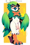 anthro avian_feet balls beak biped bird_feet black_beak feathers flaccid foreskin genitals green_body green_feathers half-closed_eyes humanoid_genitalia humanoid_penis male narrowed_eyes navel orange_body orange_eyes orange_feathers orange_scutes penis scutes simple_background solo text white_body white_feathers sergalbutt nintendo pokemon dartrix generation_7_pokemon pokemon_(species) full-length_portrait hi_res portrait signature url