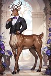 antlers athletic athletic_male black_nose black_tie_(suit) bottomless bottomless_male bottomless_taur bowtie brown_body brown_fur clothed clothing cloven_hooves countershade_tail countershade_torso countershading dewclaw_hooves eyebrows flower fur hooves horn inside looking_at_viewer male multicolored_body multicolored_fur plant plant_pot potted_plant purple_bow_tie quadruped scut_tail short_tail solo suit topwear topwear_only unguligrade window epicfurriesqueen cruz_(epicfurriesqueen) cervid cervid_taur mammal mammal_taur taur 2024 absurd_res full-length_portrait hi_res portrait shaded soft_shading