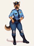 anthro badge belt belt_pouch big_breasts bodily_fluids boots bottomwear breasts brown_body brown_fur clothed clothing cuff_(restraint) female footwear fully_clothed fur hands_on_hips hat headgear headwear knee_pads looking_at_viewer metal_cuffs narrowed_eyes necktie pants police police_uniform restraints shirt simple_background smile solo standing thick_thighs topwear uniform white_background wide_hips unknown_director officer_bella_(u.d) canid canine canis domestic_dog german_shepherd herding_dog mammal pastoral_dog hi_res