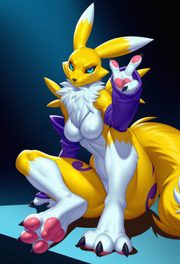 anthro armwear big_butt breasts butt clothing detached_sleeves duo featureless_chest female huge_butt medium_breasts pawpads tuft meltygarnet digimon digimon_(species) renamon absurd_res hi_res