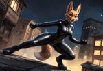 anthro boots city city_background clothing ears_up eyebrow_piercing facial_piercing female fighting_pose footwear latex latex_clothing looking_at_viewer night night_sky on_roof open_mouth piercing pose rubber rubber_clothing rubber_suit solo spread_legs spreading zipper hank94_(director) diane_foxington canid canine fox mammal hi_res