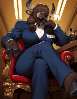 alcohol anthro beverage bottomwear breasts chair cigar cigar_in_mouth clothing contemplative crossed_legs female furniture hotns inner_ear_fluff name_tag office pants solo suit suit_jacket tuft anonymous_director invoke_high bovid bovine mammal hi_res