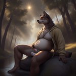 anthro canid canine clothing creek dusk exhibitionism forest genitals hoodie male mammal merkindesr nude penis plant slightly_chubby solo topwear tree