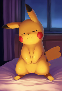 4_toes animal_genitalia bed closed_smile curtains_open eyes_closed feet female feral fur furniture genitals hands_on_belly on_bed one_ear_up pussy sleeping solo standing standing_sleep toes window yellow_body yellow_fur jomisa nintendo pokemon generation_1_pokemon pikachu pokemon_(species) hi_res