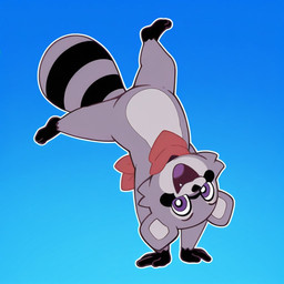 anthro clothing feet fur grey_body handstand kerchief looking_at_viewer male open_mouth purple_eyes simple_background smile solo spread_legs spreading tail upside_down boxen549 rambley_raccoon mammal procyonid raccoon