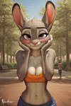 anonymous_director anthro bench blush bottomwear bra breasts cleavage clothed clothing duo ears_up female gym_bottomwear gym_clothing gym_shorts judy_hopps lagomorph leporid looking_at_viewer mammal navel outside park plant rabbit shorts smile sports_bra tree underwear zootopia